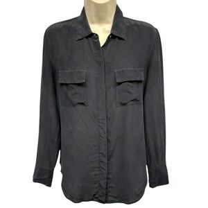 Black Silk Button Down Shirt Long Sleeve Pocket Top Womens S Madewell